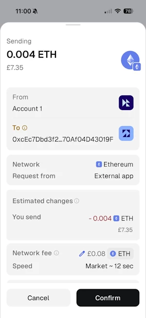 MetaMask requesting confirmation to send 0.004 ETH with the displayed network fee.