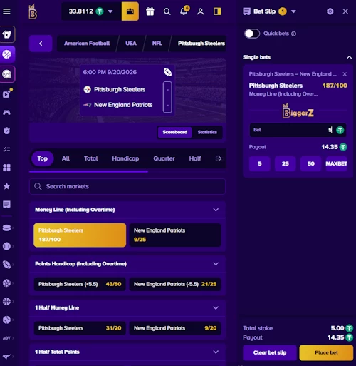 BiggerZ crypto sportsbook interface showing a five USDT wager placed on Pittsburgh Steelers odds within the NFL bet slip.