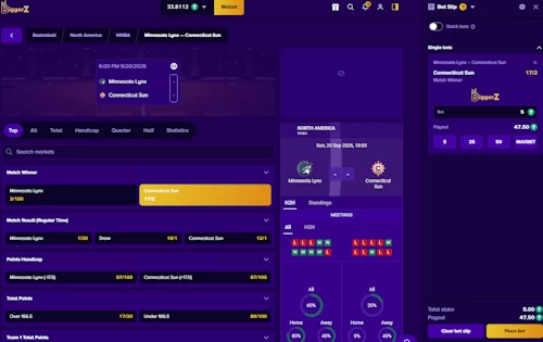 BiggerZ crypto sportsbook interface showing a five USDT wager placed on Connecticut Sun odds against the Minnesota Lynx.