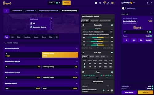 BiggerZ crypto sportsbook interface showing a five USDT wager placed on Luminosity Gaming odds within the Counter Strike 2 bet slip.