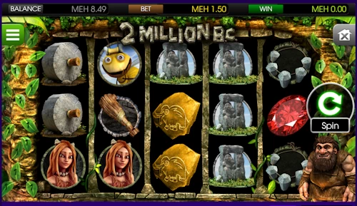 Desktop screenshot tracking an active 8.49 mETH balance log and a 1.50 mETH spin wager on the 2 Million B.C. slot game inside the BiggerZ casino interface.