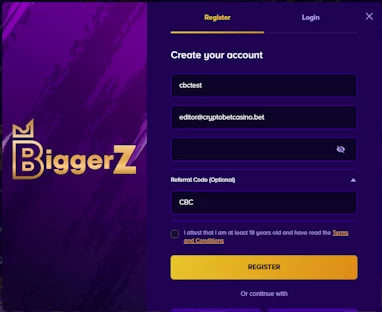 BiggerZ Casino account creation window with promo code CBC successfully entered in the referral block.