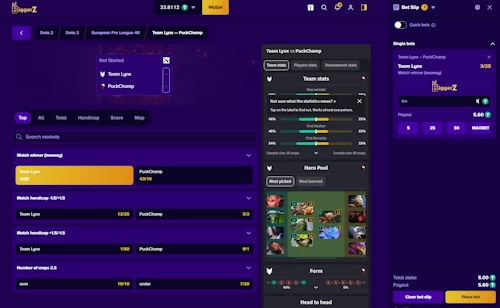 Desktop layout showing the purple-themed BiggerZ sportsbook interface during an active Dota 2 tournament fixture bet slip audit for Team Lynx vs. PuckChamp, displaying an active balance of 33.8112 USDT and an open 5.00 USDT wager on Team Lynx.