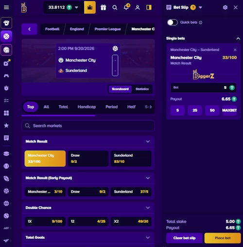 BiggerZ crypto sportsbook interface showing a five USDT wager placed on Manchester City odds within the bet slip.