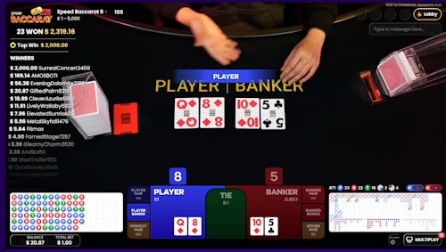 Live crypto baccarat game round on Speed Baccarat 6 showing a player winning natural eight hand.