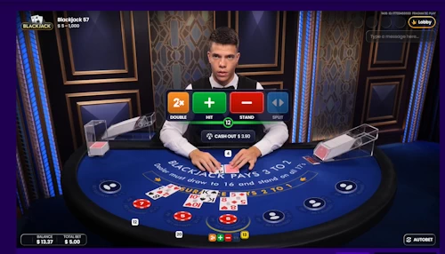 Live crypto blackjack game round on table 57 showing a player hard twelve against a dealer four upcard.