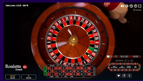 Live crypto roulette game round on a physical single zero French table wheel with an active call bet racetrack.