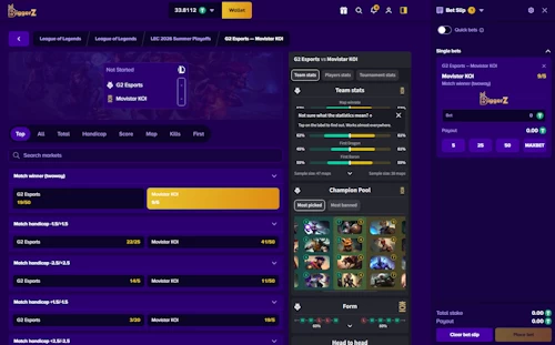 BiggerZ crypto sportsbook interface showing a five USDT wager placed on Movistar KOI odds within the League of Legends bet slip.
