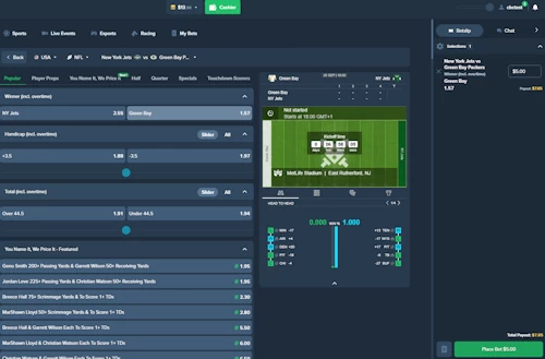 Duelbits NFL betting interface showing a five dollar wager slip on the Green Bay Packers odds against the New York Jets.