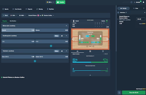 Duelbits NBA betting interface showing a five dollar wager slip on the Detroit Pistons odds against the Boston Celtics.