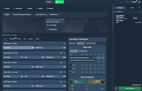 Duelbits esports betting layout showing a five dollar wager placed on Team Vitality odds against FURIA Esports in Counter Strike 2.