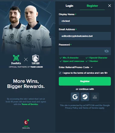 Duelbits Casino registration form interface displaying active sign up inputs for the cryptobetcasino bet testing profile.