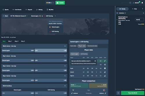 Desktop screen capture of the dark gray Duelbits user interface testing a PGL Wallachia Season 9 Dota 2 live odds grid between GamerLegion and LGD Gaming, documenting an active account balance of $13.98 and a pending Match Winner bet slip for $5.00 on LGD Gaming.