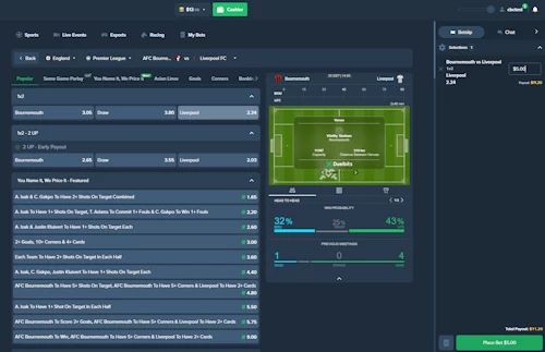 Duelbits crypto sportsbook interface showing a five dollar wager placed on Liverpool odds against Bournemouth in the bet slip.