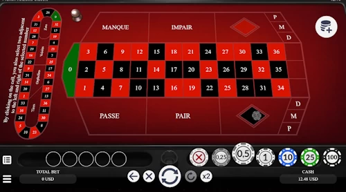 Virtual French crypto roulette software interface displaying the racetrack side betting layout grid.