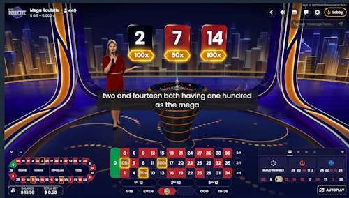 Live dealer crypto mega roulette interface showing active high yield multipliers on the studio display board.