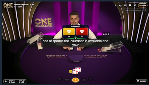 Live dealer crypto blackjack interface on ONE Blackjack displaying an insurance utility screen over a player twenty hand.