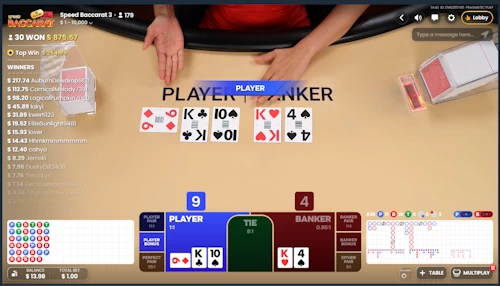 Live dealer crypto baccarat interface on Speed Baccarat 3 showing a player nine victory against a banker four.