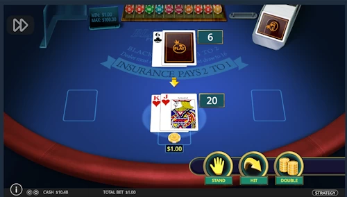 Virtual multi hand crypto blackjack software interface showing a player pat twenty hand against a dealer six.