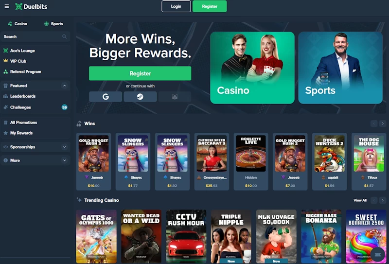 A screenshot of Duelbits.com homepage