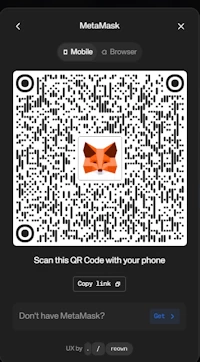 MetaMask mobile wallet connection wizard displaying the official Reown QR code.