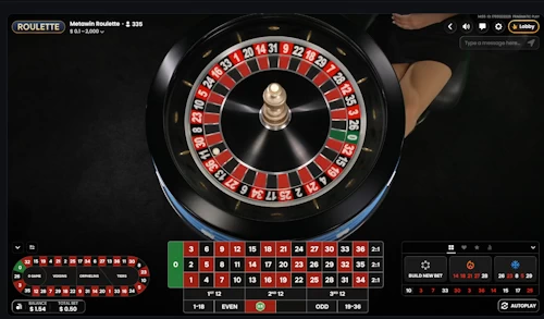 Web3 wallet connected mobile crypto live roulette studio showing a top down overhead camera angle of a spinning wheel.