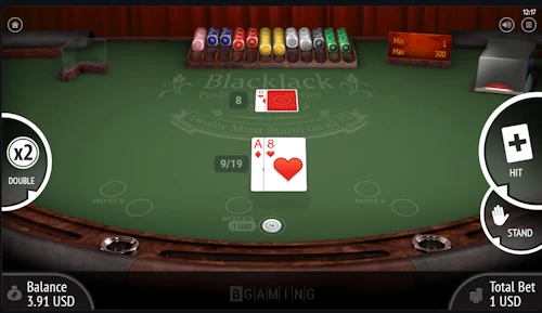 Web3 wallet connected mobile crypto blackjack table cabinet displaying a soft nineteen hand.