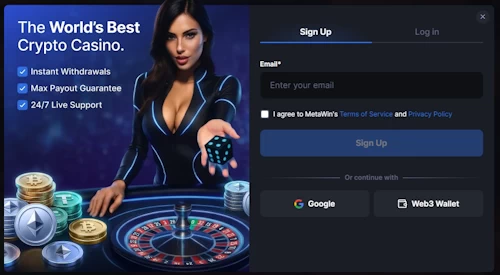 MetaWin registration interface showing email and non-custodial Web3 wallet options.