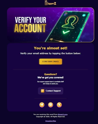 Official verification email sent by BiggerZ Casino to confirm user profile details.