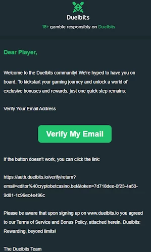 Official verification email sent by Duelbits Casino to editor at cryptobetcasino bet containing the system authentication link.