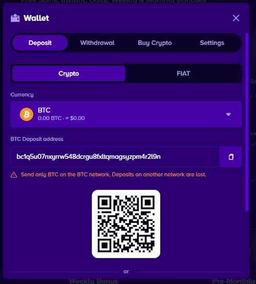 Desktop screen capture auditing the native Bitcoin deposit cashier panel, invoice address code, and network QR code gateway configuration on BiggerZ Casino.