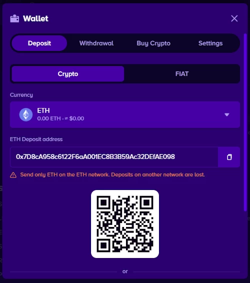 Desktop screen capture auditing the native Ethereum deposit cashier panel, invoice address code, and network QR code gateway configuration on BiggerZ Casino.