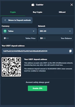 Duelbits Casino Tether USDT deposit wallet interface displaying unique cryptographic destination address