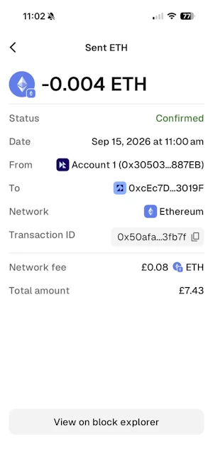 MetaMask transaction history confirming a successful transfer of 0.004 ETH.