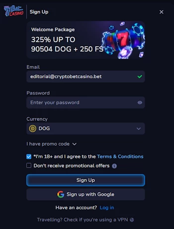 7Bit Casino sign-up account registration panel displaying the 325% cryptocurrency welcome package with Dogecoin chosen as the base currency.