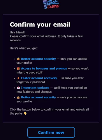 Official transactional verification email sent from the 7Bit Casino server to confirm user profile details.
